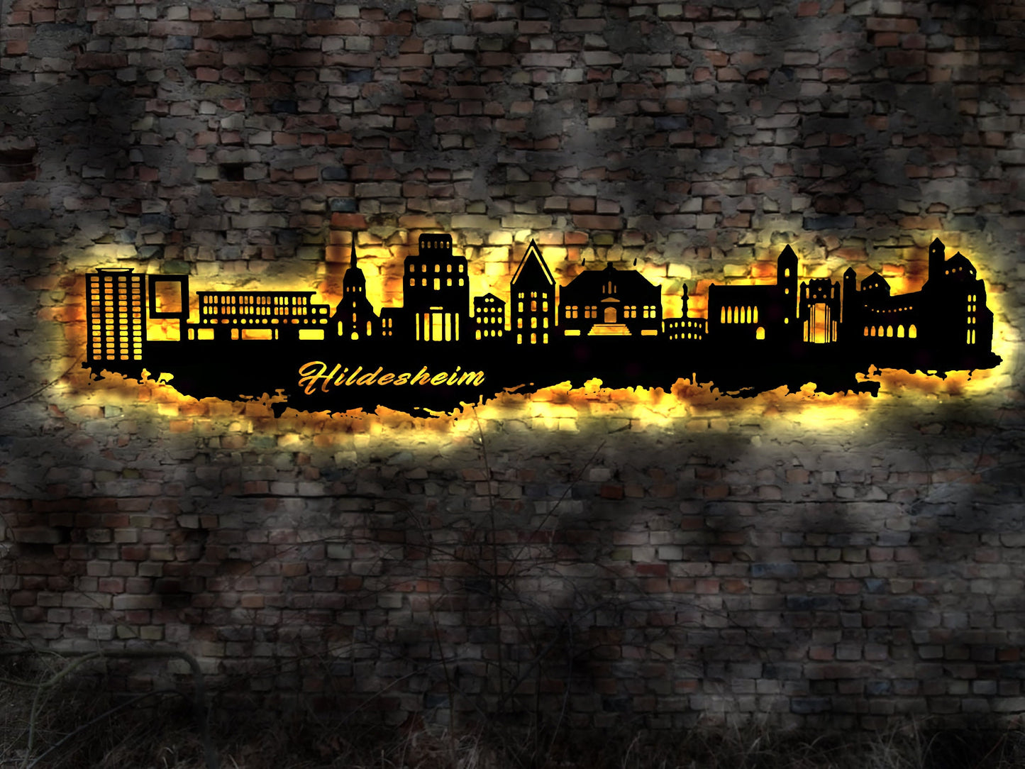 Skyline Hildesheim LED Wandbild Holz Stadt AK Karte Map Stadtplan Wandsticker Leuchtbild Neonreklame Wandtattoo Reiseführer Silhouette