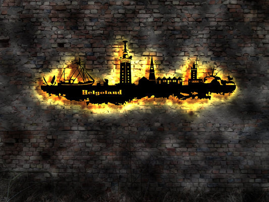 Skyline Helgoland Nordsee  Urlaub  LED Wandbild Holz Stadt AK Karte Map Wandsticker Leuchtbild Neonreklame Wandtattoo Reiseführer Silhouette