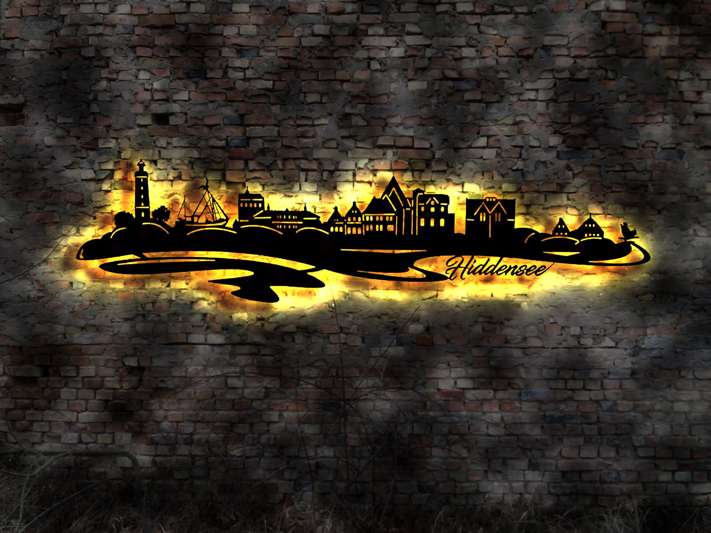 Skyline Hiddensee Ostsee Urlaub  LED Wandbild Holz Stadt AK Karte Map Wandsticker Leuchtbild Neonreklame Wandtattoo Reiseführer Silhouette