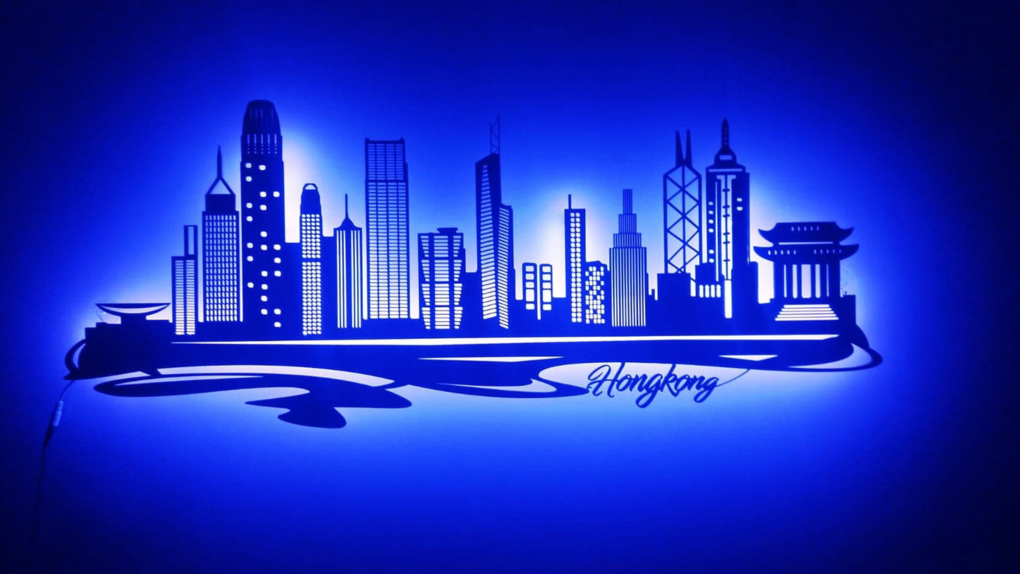 Skyline Hongkong China  LED Wandbild Holz Stadt AK Karte Map Stadtplan Wandsticker Leuchtbild Neonreklame Wandtattoo Reiseführer Silhouette