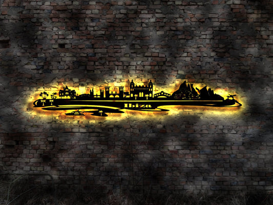 Skyline Ibiza  Baleraen Urlaub  LED Wandbild Holz Stadt AK Karte Map Wandsticker Leuchtbild Neonreklame Wandtattoo Reiseführer Silhouette