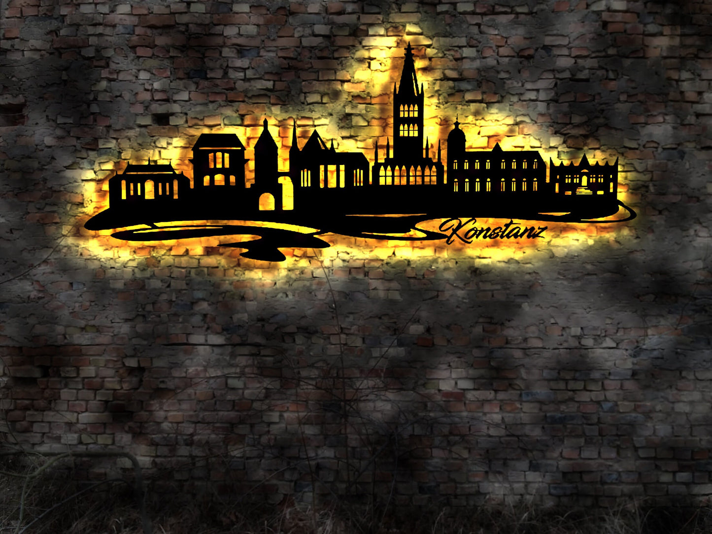 Skyline Konstanz  LED Wandbild Holz Stadt AK Karte Map Stadtplan Wandsticker Leuchtbild Neonreklame Wandtattoo Reiseführer Silhouette