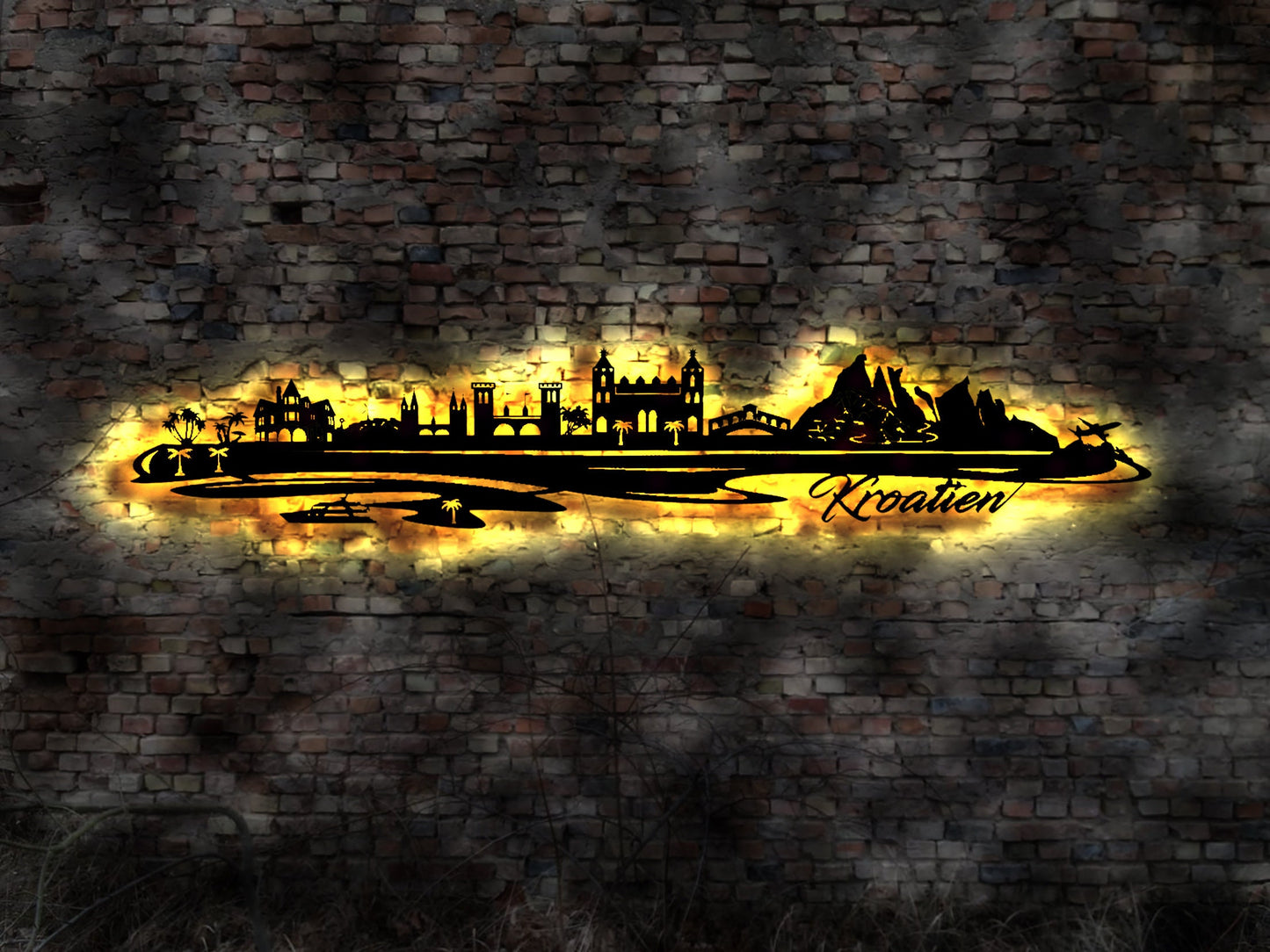 Skyline Kroatien  Insel  Urlaub  LED Wandbild Holz Stadt AK Karte Map Wandsticker Leuchtbild Neonreklame Wandtattoo Reiseführer Silhouette