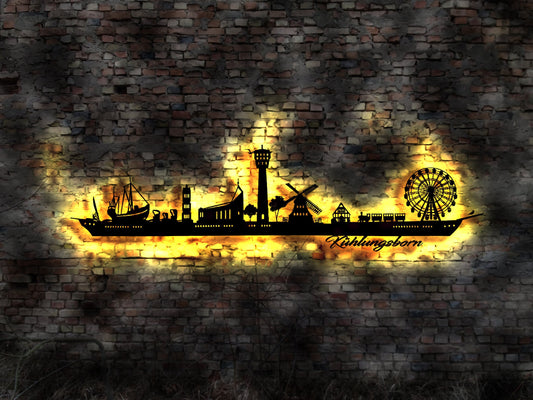 Skyline Ostseebad Kühlungsborn  LED Wandbild Holz Stadt AK Karte Map Wandsticker Leuchtbild Neonreklame Wandtattoo Reiseführer Silhouette