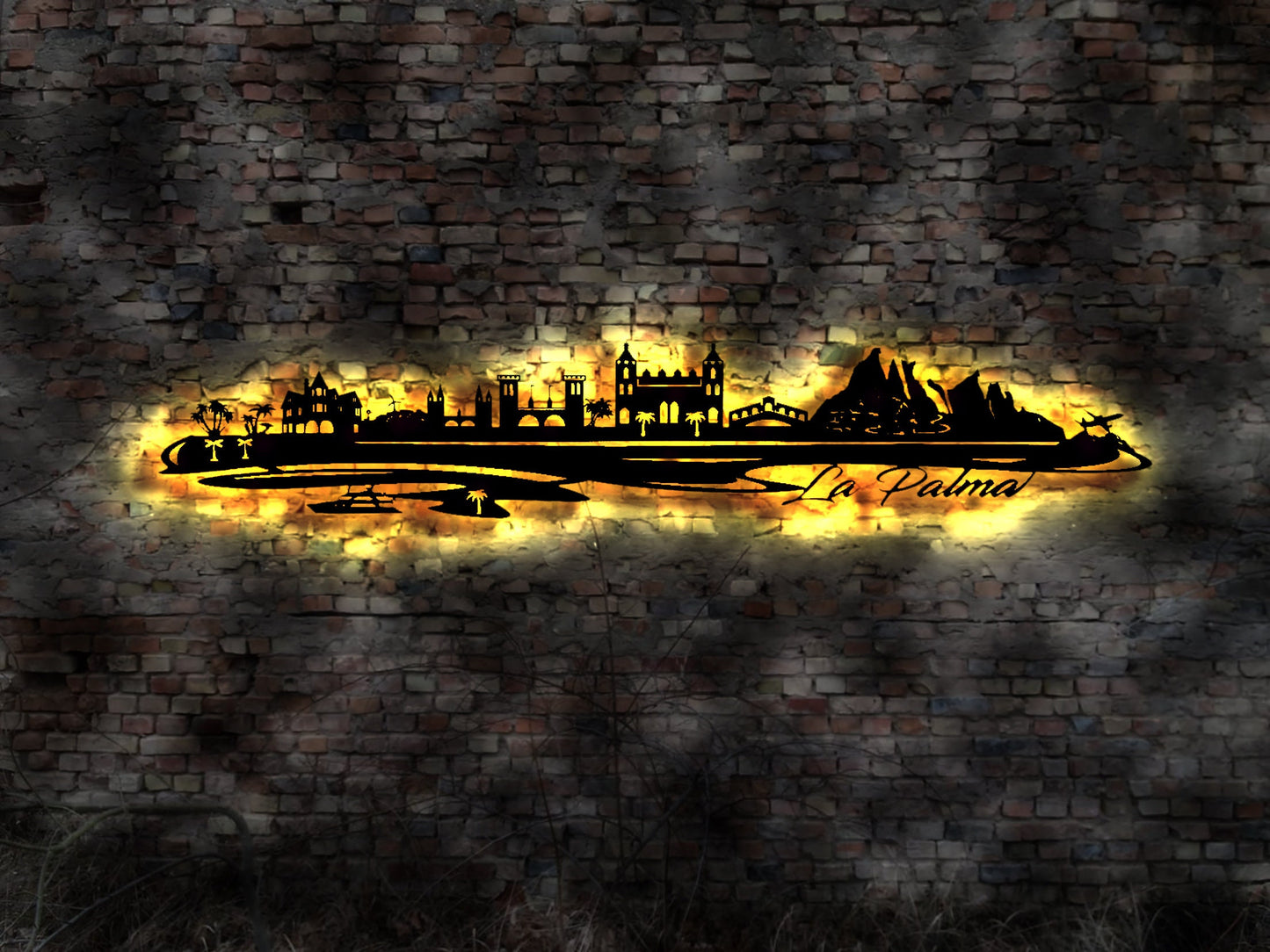 Skyline Insel La Palma LED Wandbild Holz Stadt AK Karte Map Wandsticker Leuchtbild Neonreklame Wandtattoo Reiseführer Silhouette