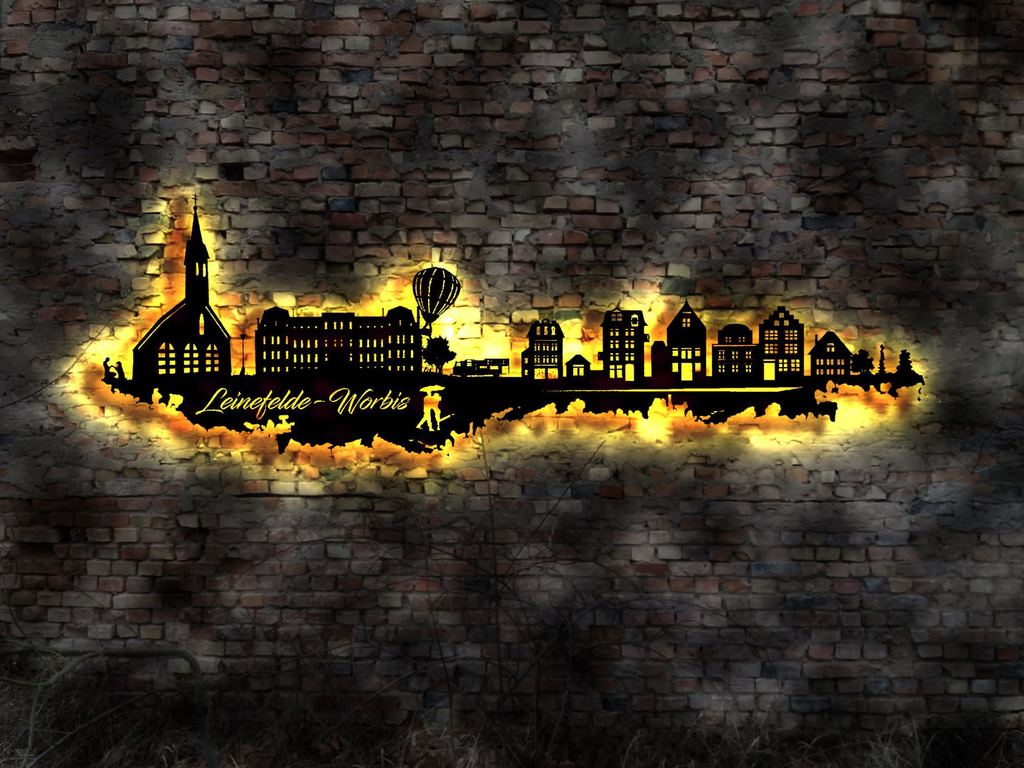 Skyline Leinfelde Worbis LED Wandbild Holz Stadt AK Karte Map Stadtplan Wandsticker Leuchtbild Neonreklame Wandtattoo Reiseführer Silhouette