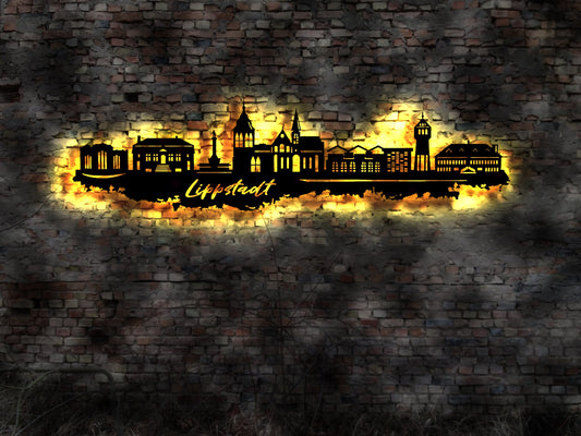 Skyline Lippstadt LED Wandbild Holz Stadt AK Karte Map Stadtplan Wandsticker Leuchtbild Neonreklame Wandtattoo Reiseführer Silhouette