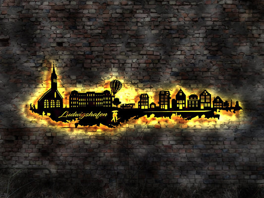Skyline Ludwigshafen  LED Wandbild Holz Stadt AK Karte Map Stadtplan Wandsticker Leuchtbild Neonreklame Wandtattoo Reiseführer Silhouette