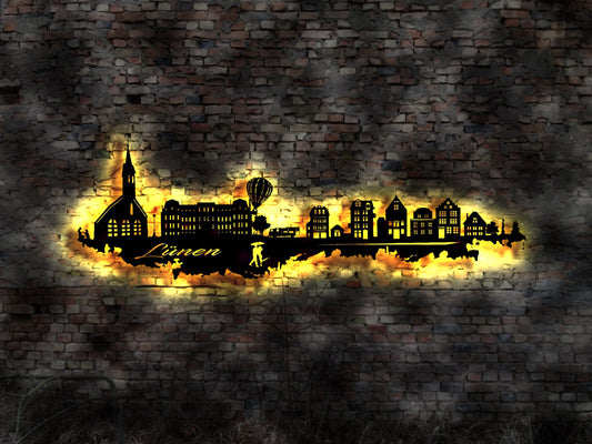 Skyline Lünen  LED Wandbild Holz Stadt AK Karte Map Stadtplan Wandsticker Leuchtbild Neonreklame Wandtattoo Reiseführer Silhouette