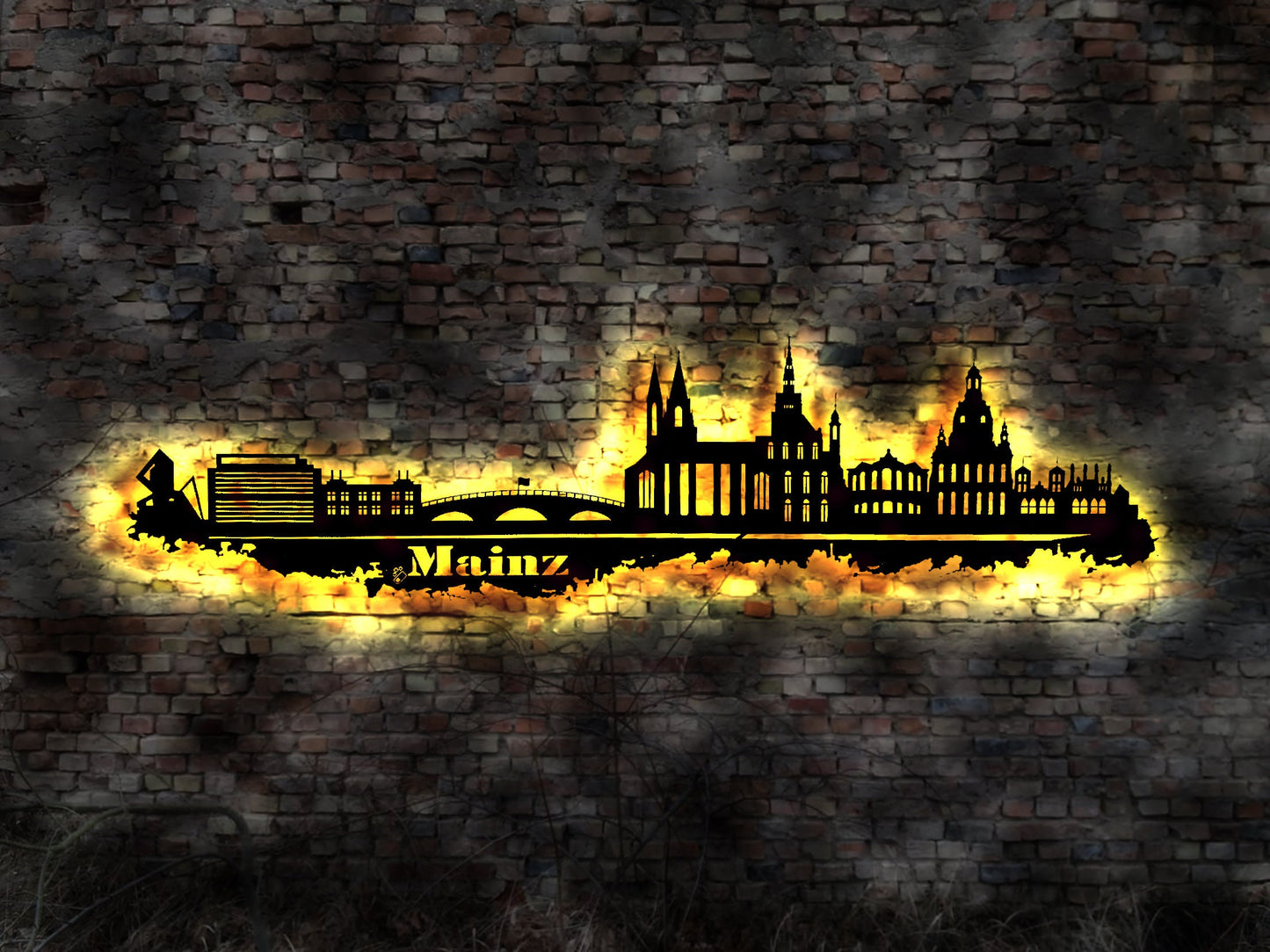 Skyline Mainz LED Wandbild Holz Stadt AK Karte Map Stadtplan Wandsticker Leuchtbild Neonreklame Wandtattoo Reiseführer Silhouette