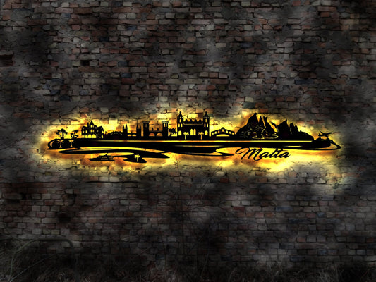 Skyline Insel Malta LED Wandbild Holz Stadt AK Karte Map Wandsticker Leuchtbild Neonreklame Wandtattoo Reiseführer Silhouette