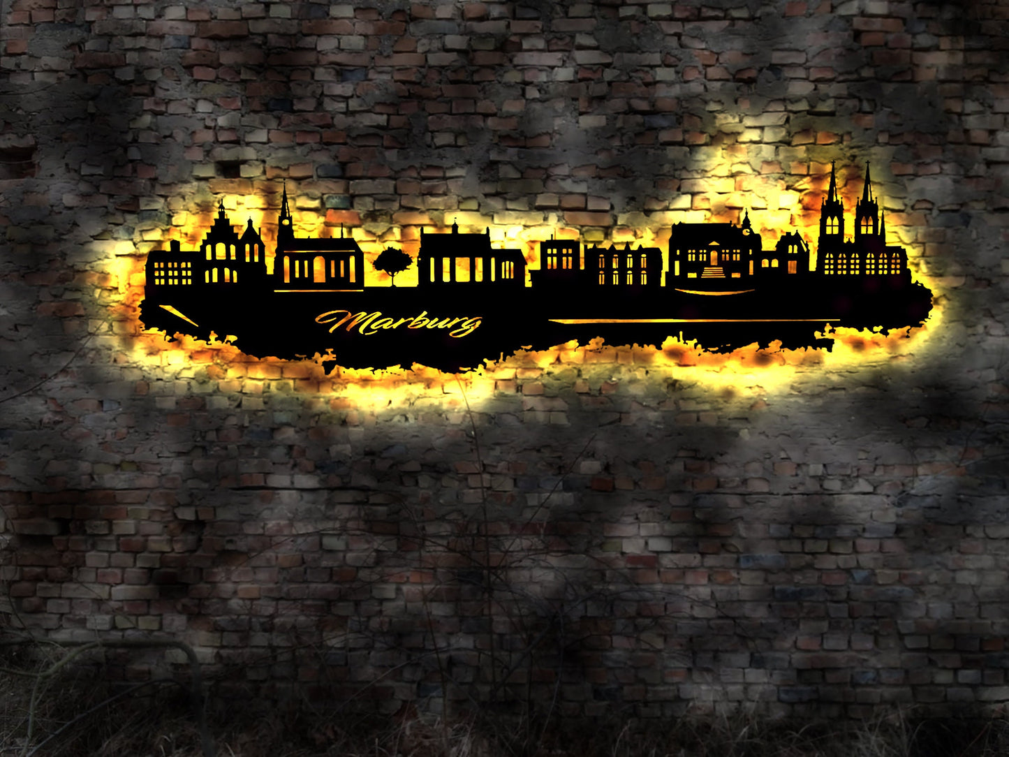Skyline Marburg LED Wandbild Holz Stadt AK Karte Map Stadtplan Wandsticker Leuchtbild Neonreklame Wandtattoo Reiseführer Silhouette