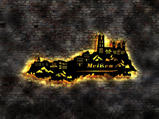 Skyline Meißen LED Wandbild Holz Stadt AK Karte Map Stadtplan Wandsticker Leuchtbild Neonreklame Wandtattoo Reiseführer Silhouette