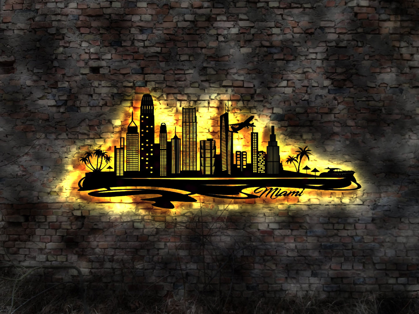 Skyline Miami LED Wandbild Holz Stadt AK Karte Map Stadtplan Wandsticker Leuchtbild Neonreklame Wandtattoo Reiseführer Silhouette