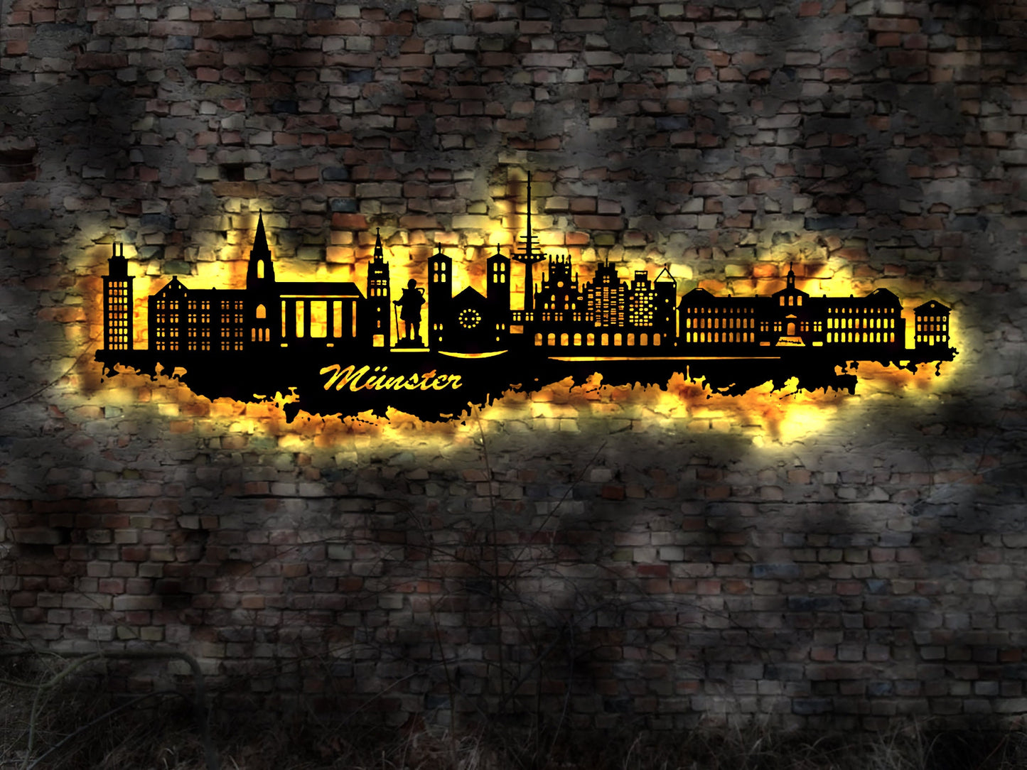 Skyline Münster LED Wandbild   Holz Stadt AK Karte Map Stadtplan Wandsticker Leuchtbild Neonreklame Wandtattoo Reiseführer Silhouette