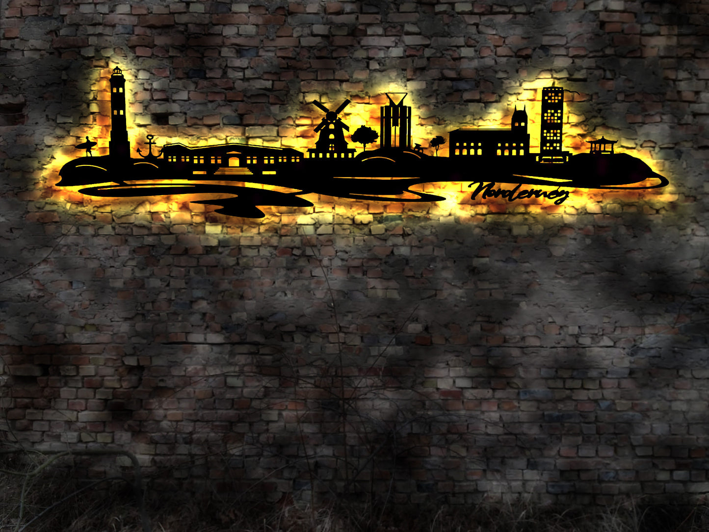 Skyline Norderney Ostfriesland Wattenmeer  Holz Stadt AK Karte Map Wandsticker Leuchtbild Neonreklame Wandtattoo Reiseführer Silhouette