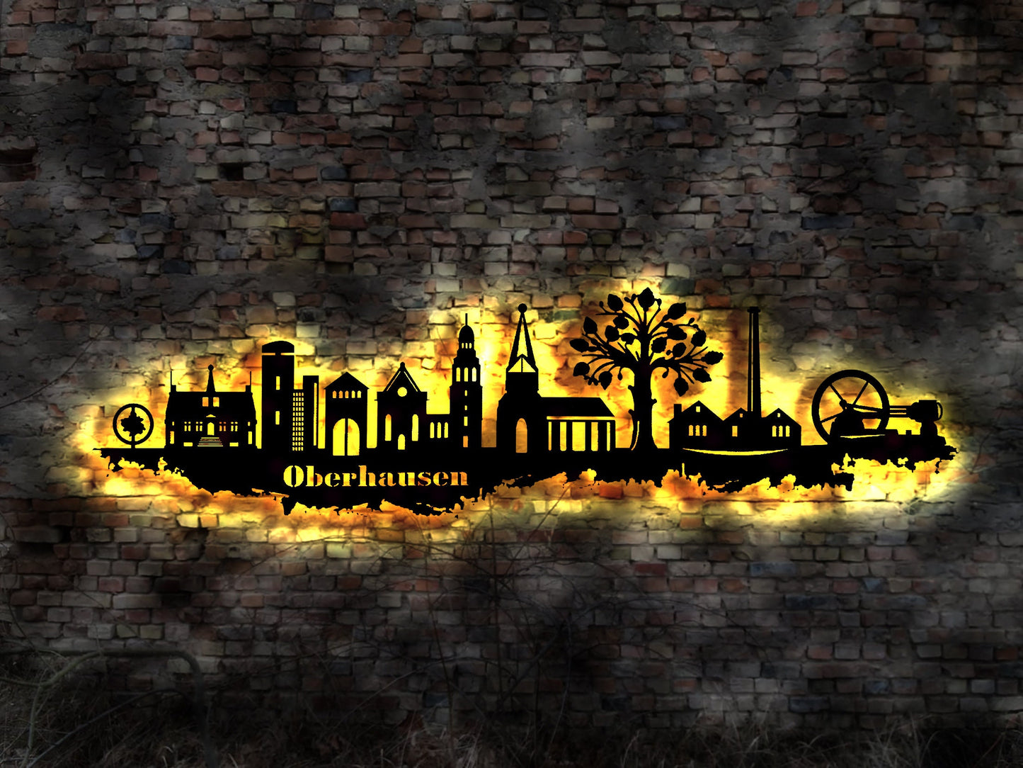 Skyline Oberhausen LED Wandbild   Holz Stadt AK Karte Map Stadtplan Wandsticker Leuchtbild Neonreklame Wandtattoo Reiseführer Silhouette