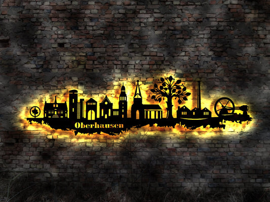 Skyline Oberhausen LED Wandbild   Holz Stadt AK Karte Map Stadtplan Wandsticker Leuchtbild Neonreklame Wandtattoo Reiseführer Silhouette