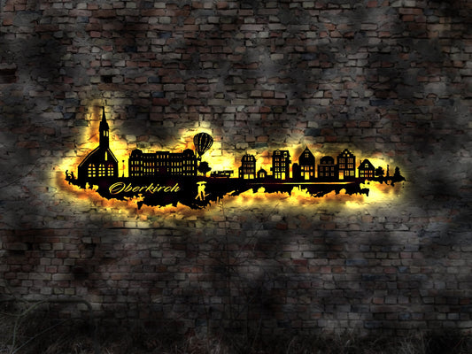 Skyline Oberkirch LED Wandbild   Holz Stadt AK Karte Map Stadtplan Wandsticker Leuchtbild Neonreklame Wandtattoo Reiseführer Silhouette