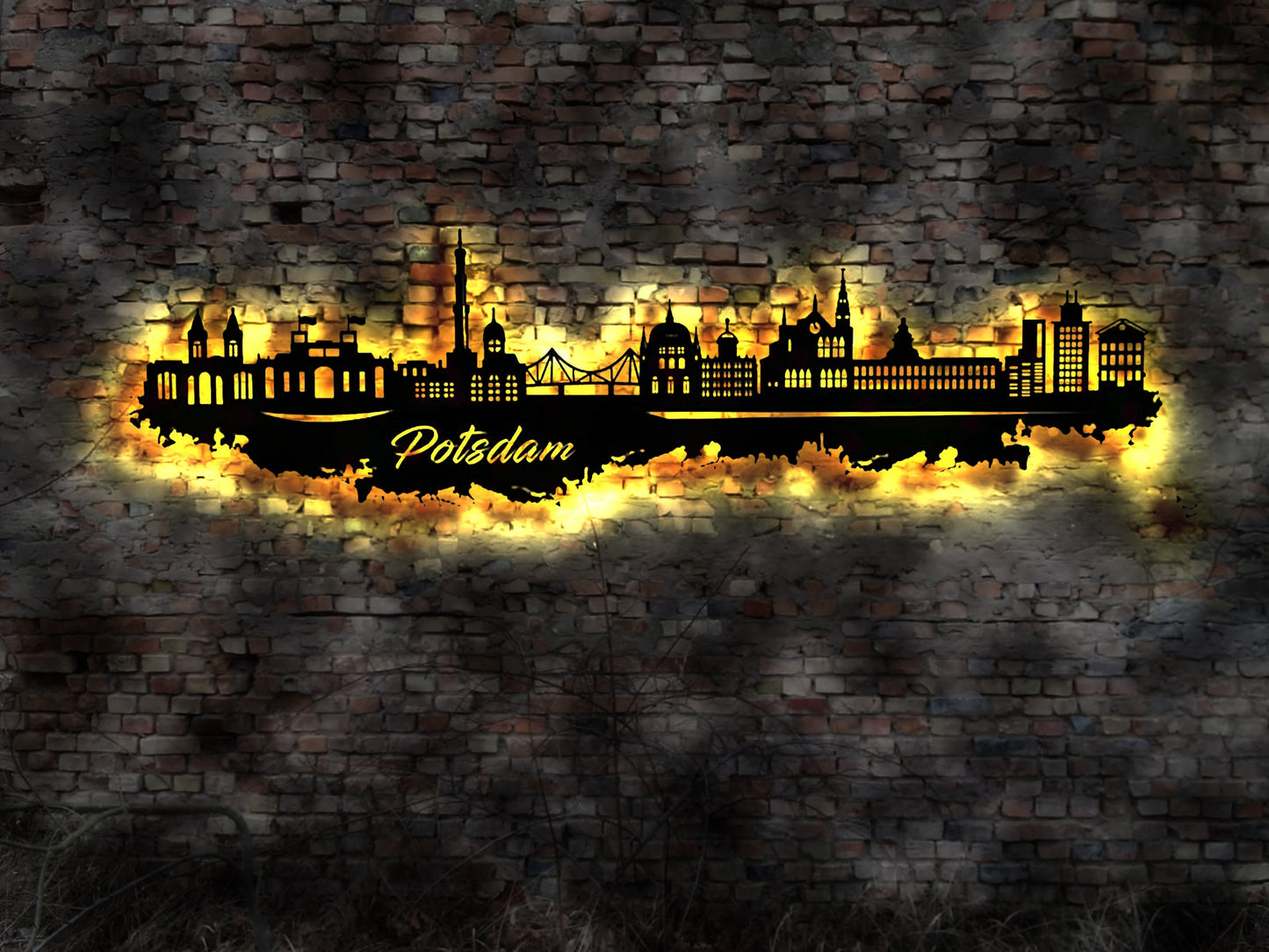 Skyline Potsdam LED Wandbild Holz Stadt AK Karte Map Stadtplan Wandsticker Leuchtbild Neonreklame Wandtattoo Reiseführer Silhouette