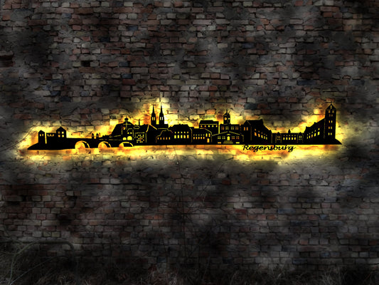 Skyline Regensburg LED Wandbild Holz Stadt AK Karte Map Stadtplan Wandsticker Leuchtbild Neonreklame Wandtattoo Reiseführer Silhouette