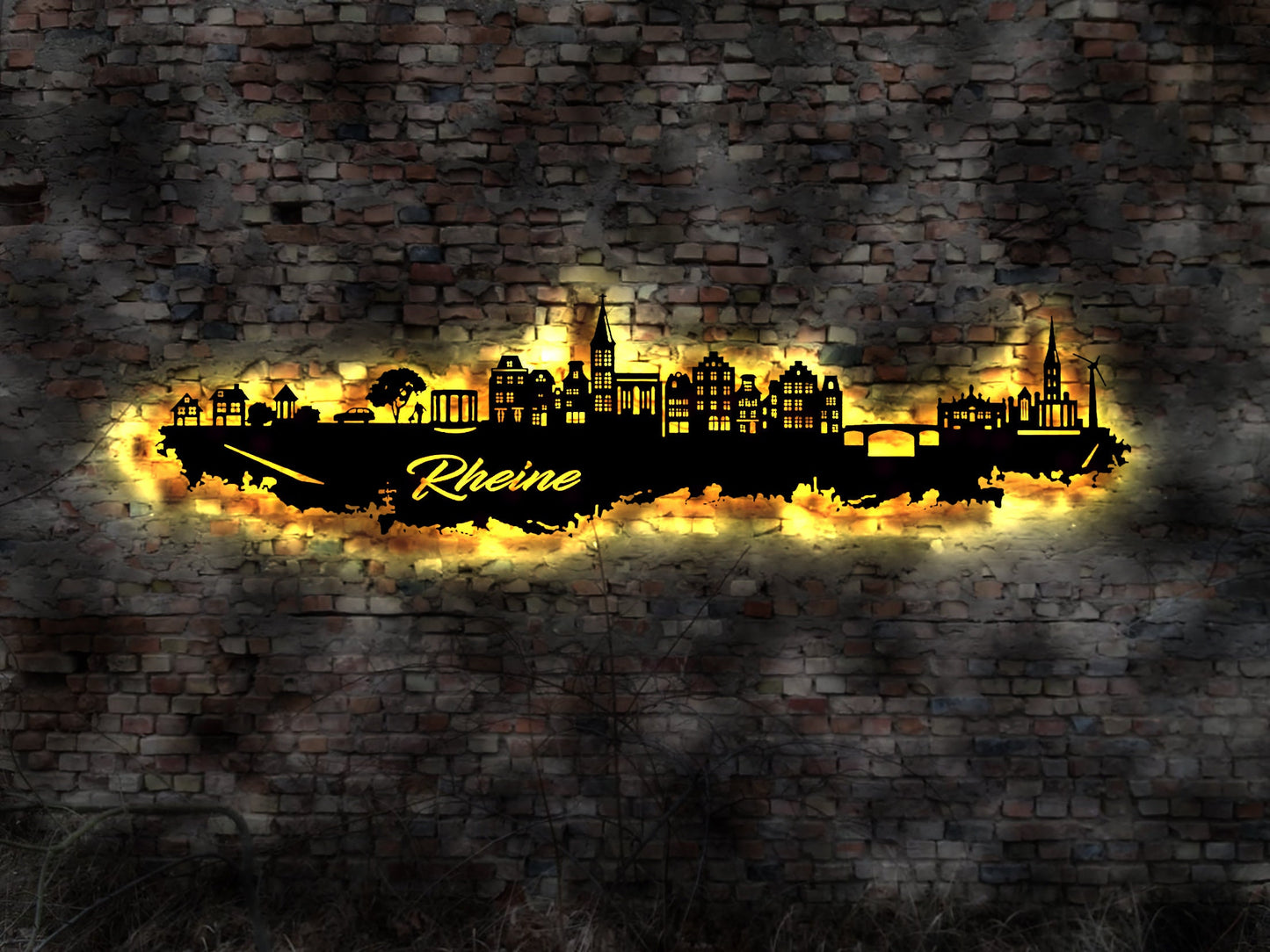 Skyline Rheine LED Wandbild Holz Stadt AK Karte Map Stadtplan Wandsticker Leuchtbild Neonreklame Wandtattoo Reiseführer Silhouette