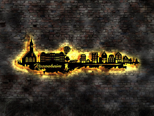Skyline Rosenheim LED Wandbild Holz Stadt AK Karte Map Stadtplan Wandsticker Leuchtbild Neonreklame Wandtattoo Reiseführer Silhouette