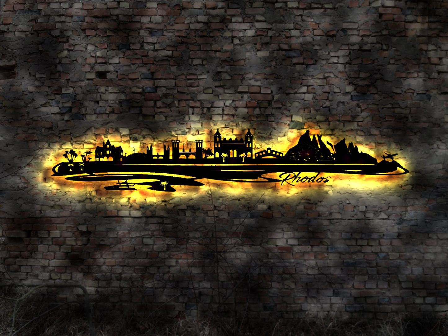 Skyline Insel Rhodos LED Wandbild Holz Stadt AK Karte Map Wandsticker Leuchtbild Neonreklame Wandtattoo Reiseführer Silhouette