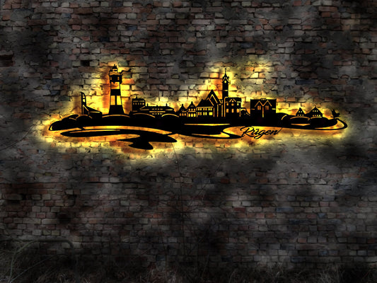 Skyline Rügen MV LED Wandbild Holz Stadt AK Karte Map Stadtplan Wandsticker Leuchtbild Neonreklame Wandtattoo Reiseführer Silhouette