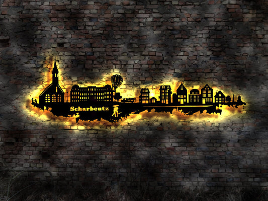 Skyline Scharbeutz  LED Wandbild Holz Stadt AK Karte Map Stadtplan Wandsticker Leuchtbild Neonreklame Wandtattoo Reiseführer Silhouette