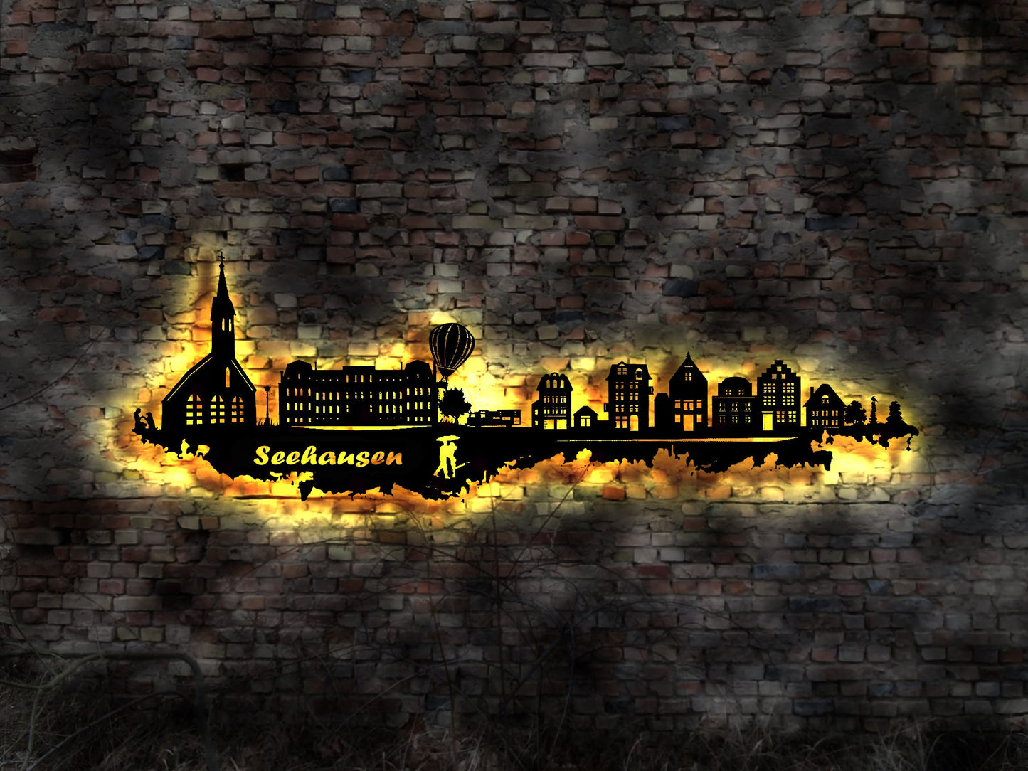 Skyline Seehausen  LED Wandbild Holz Stadt AK Karte Map Stadtplan Wandsticker Leuchtbild Neonreklame Wandtattoo Reiseführer Silhouette