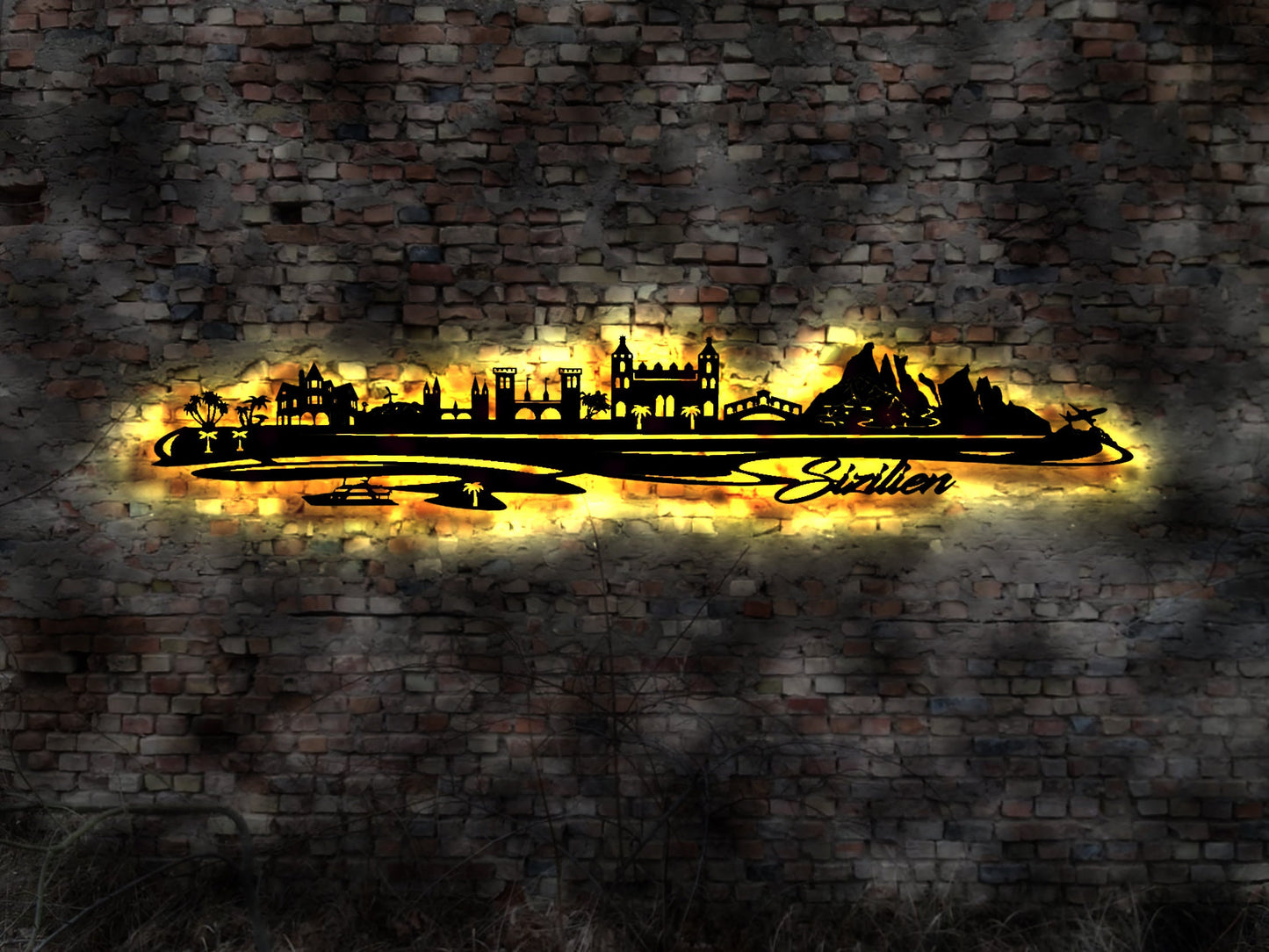 Skyline Insel Sizilien Sicilia LED Wandbild Holz Stadt AK Karte Map Wandsticker Leuchtbild Neonreklame Wandtattoo Reiseführer Silhouette