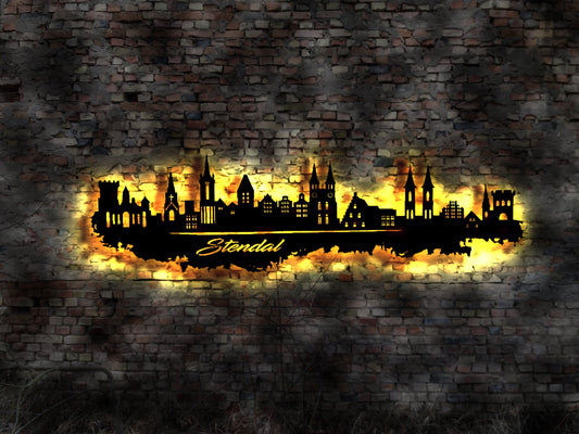 Skyline Stendal LED Wandbild Holz Stadt AK Karte Map Stadtplan Wandsticker Leuchtbild Neonreklame Wandtattoo Reiseführer Silhouette