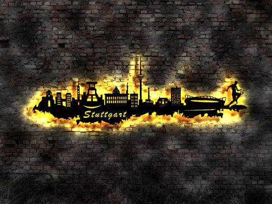 Skyline Stuttgart  LED Wandbild Holz Stadt AK Karte Map Stadtplan Wandsticker Leuchtbild Neonreklame Wandtattoo Reiseführer Silhouette