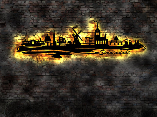 Skyline Swinemünde   LED Wandbild Holz Stadt AK Karte Map Stadtplan Wandsticker Leuchtbild Neonreklame Wandtattoo Reiseführer Silhouette