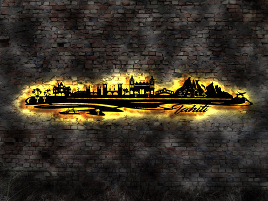 Skyline Tahiti Urlaub Island LED Wandbild Holz Stadt AK Karte Map Wandsticker Leuchtbild Neonreklame Wandtattoo Reiseführer Silhouette