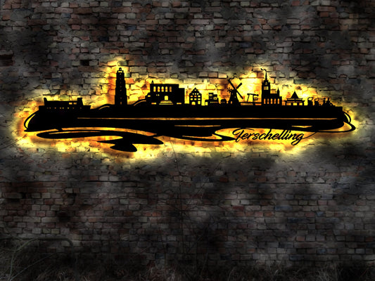 Skyline Terschelling Island LED Wandbild Holz Stadt AK Karte Map Wandsticker Leuchtbild Niederlande Wandtattoo Reiseführer Silhouette