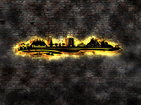 Skyline Thai Thailand LED Wandbild Holz Stadt AK Karte Map Stadtplan Wandsticker Leuchtbild Neonreklame Wandtattoo Reiseführer Silhouette