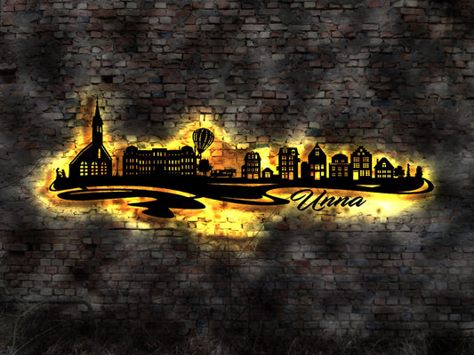Skyline Unna  LED Wandbild Holz Stadt AK Karte Map Stadtplan Wandsticker Leuchtbild Neonreklame Wandtattoo Reiseführer Silhouette