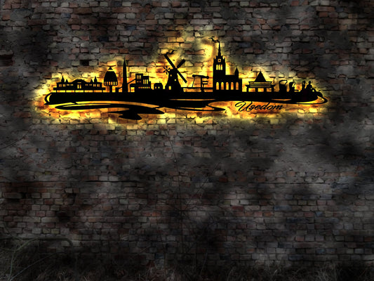 Skyline Usedom Ostsee LED Wandbild Holz Stadt AK Karte Map Stadtplan Wandsticker Leuchtbild Neonreklame Wandtattoo Reiseführer Silhouette