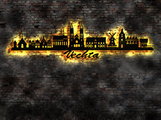 Skyline Vechta LED Wandbild Holz Stadt AK Karte Map Stadtplan Wandsticker Leuchtbild Neonreklame Wandtattoo Reiseführer Silhouette