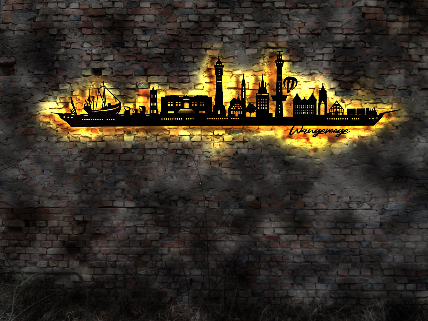 Skyline Wangerooge Wattenmeer  LED Wandbild Insel  Holz Stadt AK Karte  Stadtplan Wandsticker Leuchtbild  Wandtattoo Reiseführer Silhouette