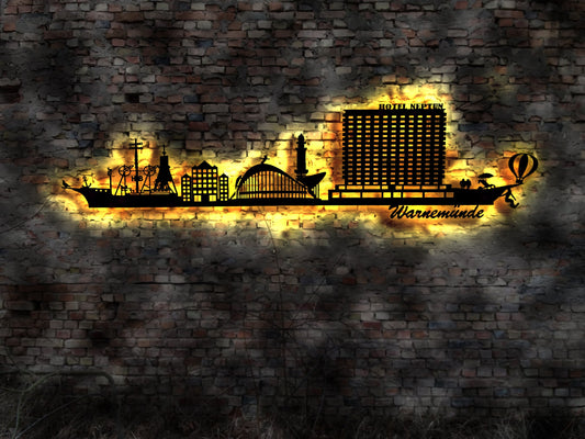 Skyline Rostock Warnemünde  Wandbild Holz Stadt AK Karte Map Stadtplan Wandsticker Leuchtbild Neonreklame Wandtattoo Reiseführer Silhouette