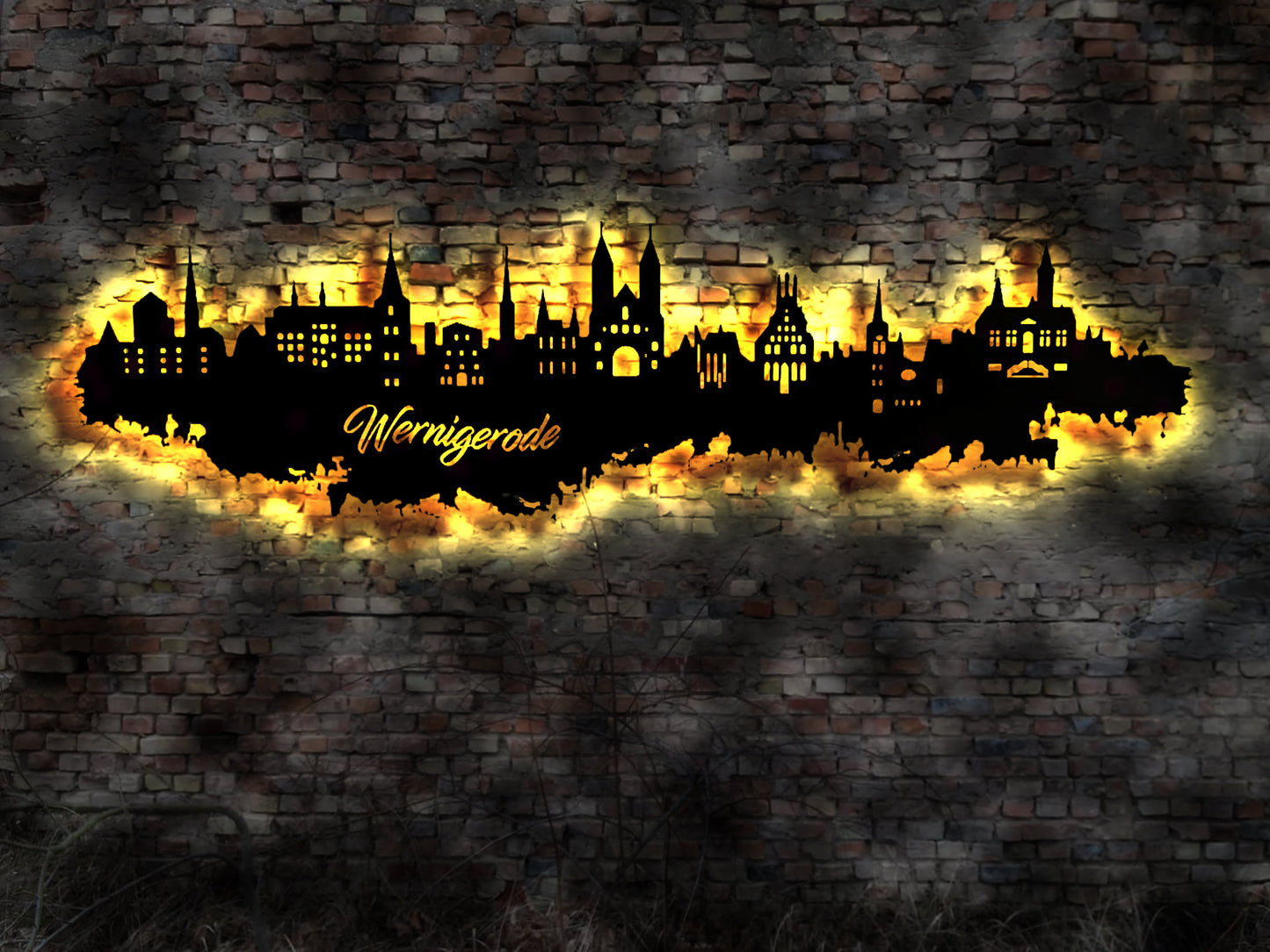 Skyline Wernigerode Wandbild Holz Stadt AK Karte Map Stadtplan Wandsticker Leuchtbild Neonreklame Wandtattoo Reiseführer Silhouette