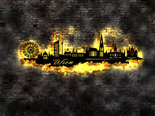 Skyline Wien Vienna Austria Wandbild Holz Stadt AK Karte Map Stadtplan Wandsticker Leuchtbild Neonreklame Wandtattoo Reiseführer Silhouette