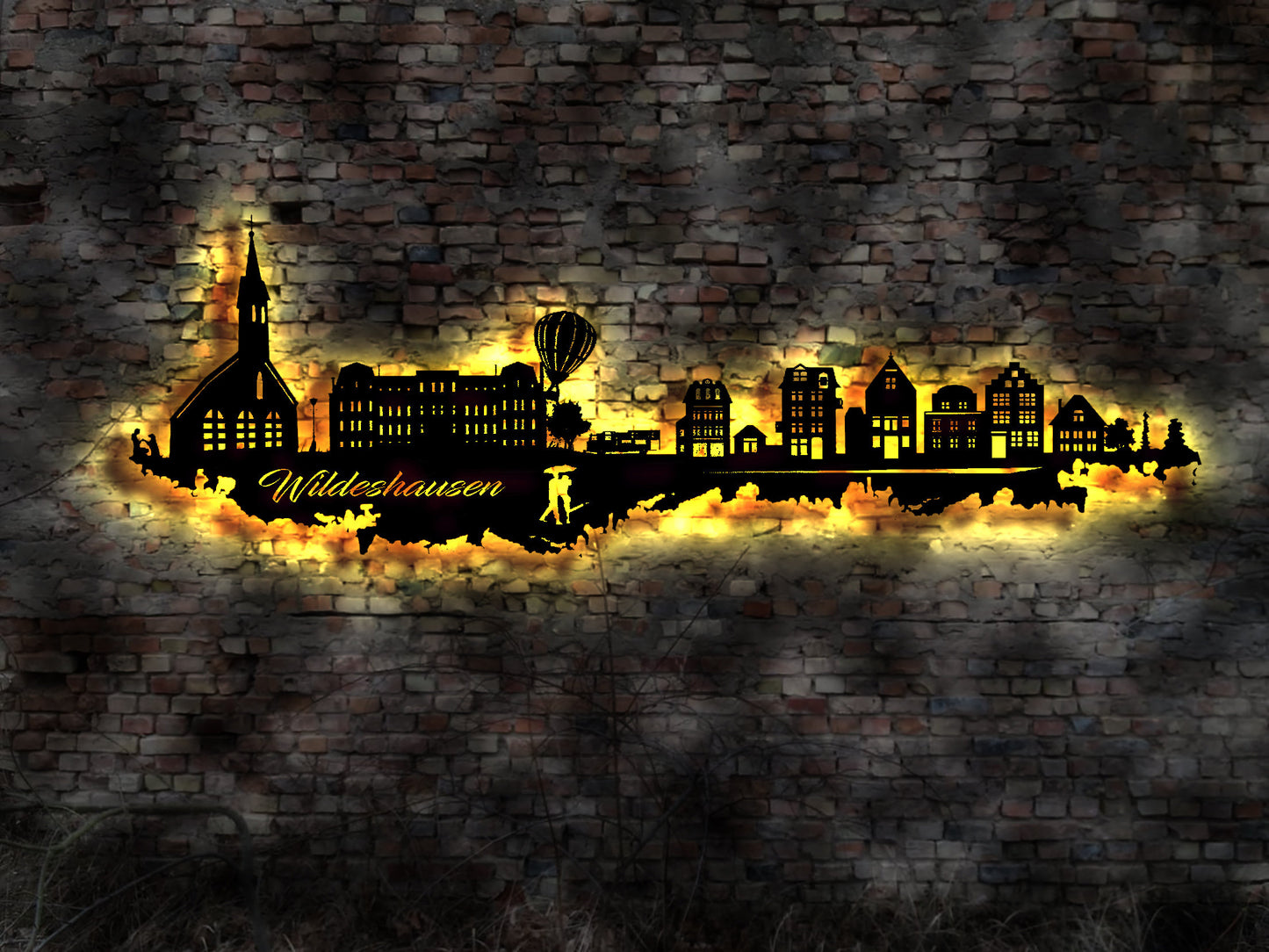 Skyline Wildeshausen LED Wandbild Holz Stadt AK Karte Map Stadtplan Wandsticker Leuchtbild Neonreklame Wandtattoo Reiseführer Silhouette