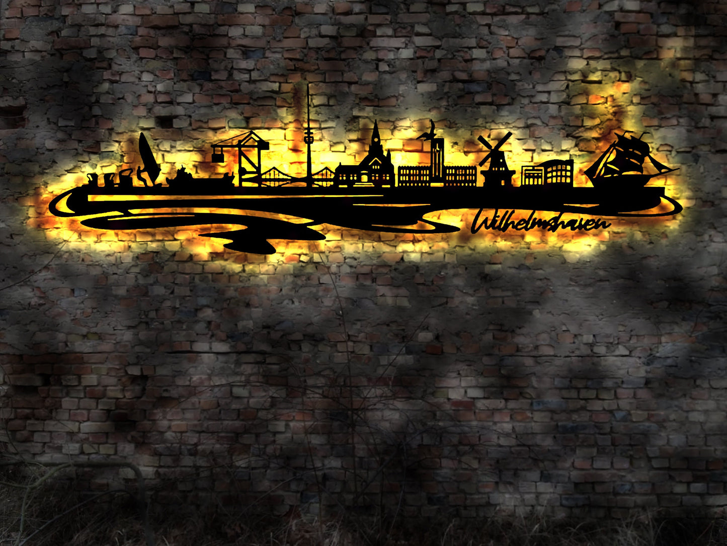 Skyline Wilhelmshaven LED Wandbild Holz Stadt AK Karte Map Stadtplan Wandsticker Leuchtbild Neonreklame Wandtattoo Reiseführer Silhouette