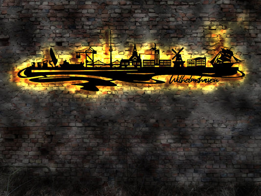 Skyline Wilhelmshaven LED Wandbild Holz Stadt AK Karte Map Stadtplan Wandsticker Leuchtbild Neonreklame Wandtattoo Reiseführer Silhouette