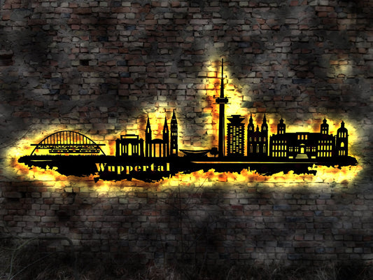 Skyline Wuppertal LED Wandbild Holz Stadt AK Karte Map Stadtplan Wandsticker Leuchtbild Neonreklame Wandtattoo Reiseführer Silhouette