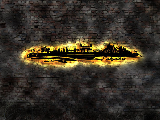 Skyline Zakynthos LED Wandbild Holz Stadt AK Karte Map Stadtplan Wandsticker Leuchtbild Neonreklame Wandtattoo Reiseführer Silhouette